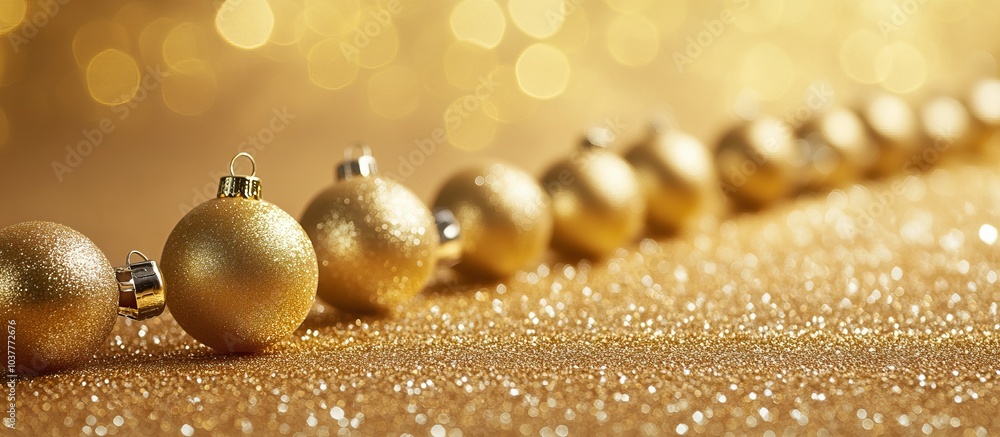 Golden Christmas gifts, balls and decorations in a row on a gold abstract background. Golden Christmas gifts, balls and decorations in a row on a gold abstract background.
