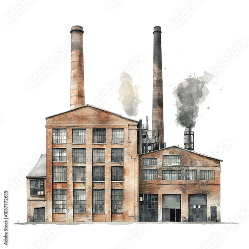 An old brick factory building with smokestacks, industrial revolution theme, watercolor style, vintage tones, isolated on white background  