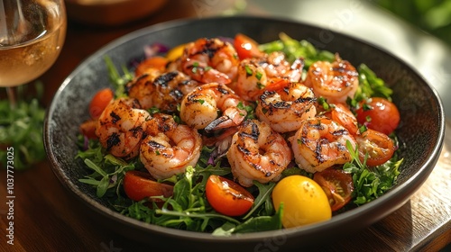 Grilled shrimp salad with colorful tomatoes and greens.