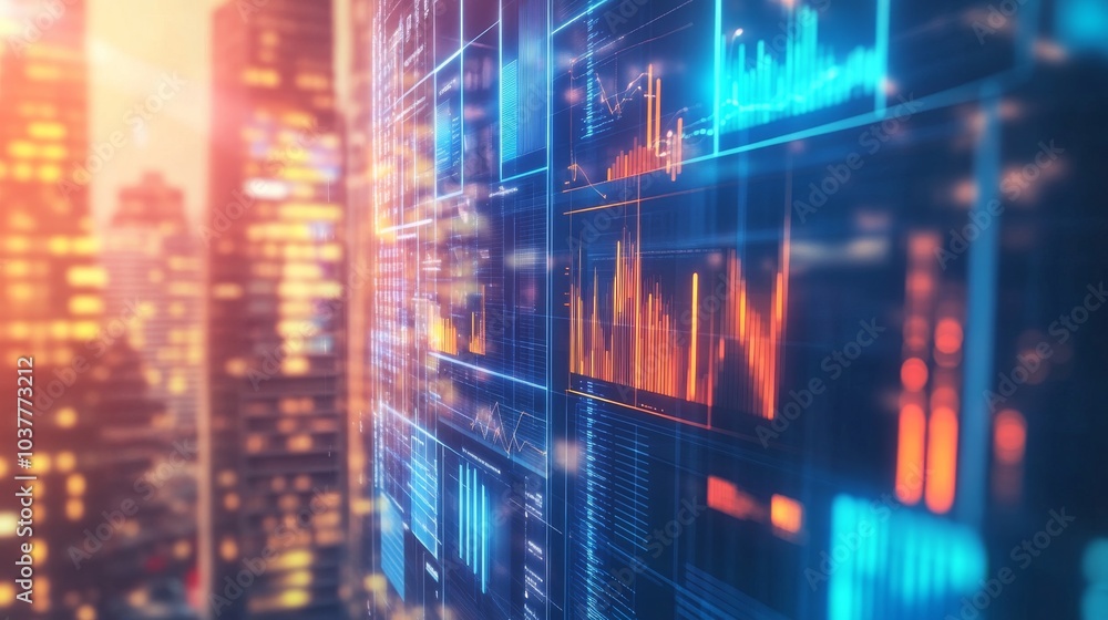Dynamic financial data display showcasing vibrant charts against a city backdrop, illustrating market trends and analysis. Dynamic financial data display showcasing vibrant charts against a city backdrop, illustrating market trends and analysis.