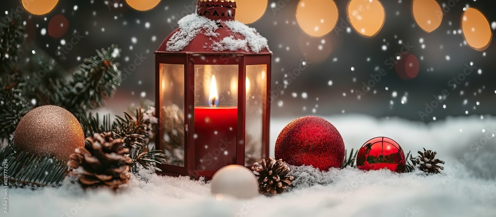 Lantern with red burning candle still life with Christmas balls, pine cones and spruce branches on snow covered surface on abstract background with snowflakes and sparkling . Lantern with red burning candle still life with Christmas balls, pine cones and spruce branches on snow covered surface on abstract background with snowflakes and sparkling .