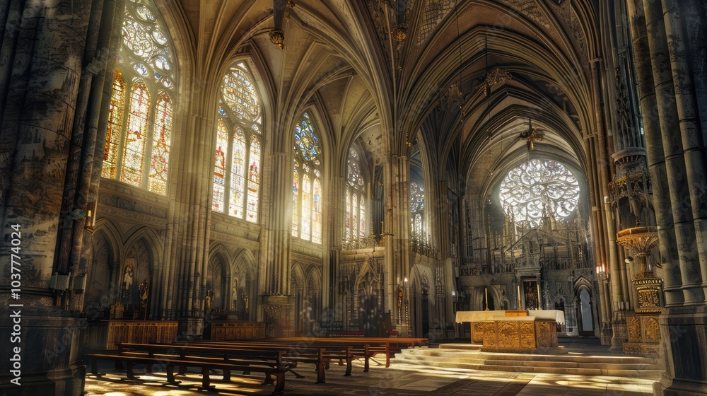 Sunlight streaming through the stained glass windows of a cathedral Sunlight streaming through the stained glass windows of a cathedral