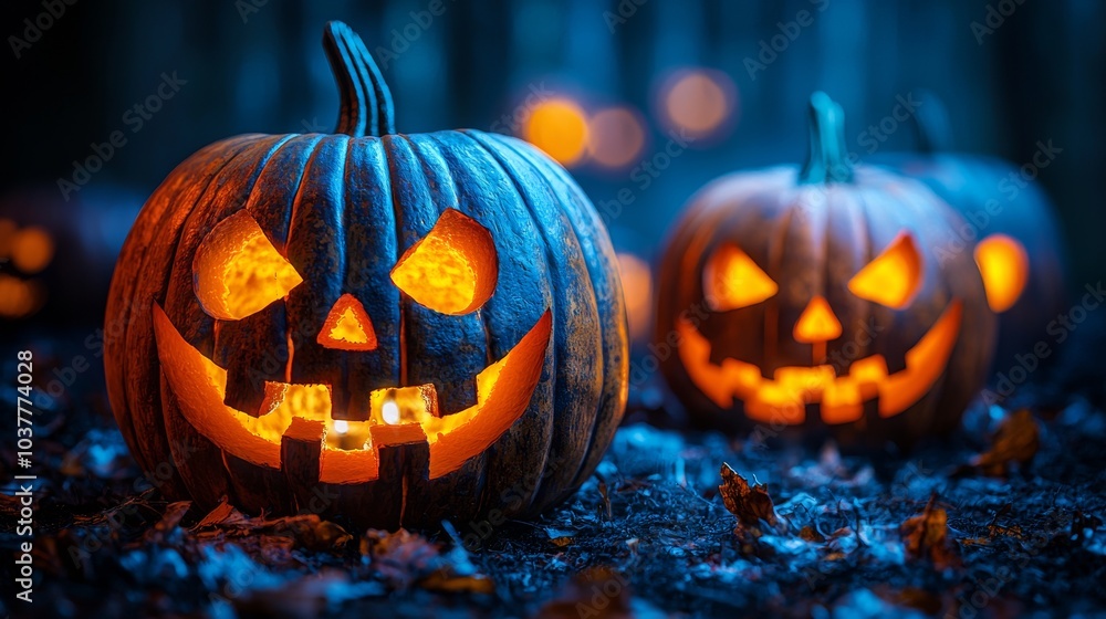 Glowing Jack o Lantern with Spooky Smile in Dark Forest Glowing Jack o Lantern with Spooky Smile in Dark Forest