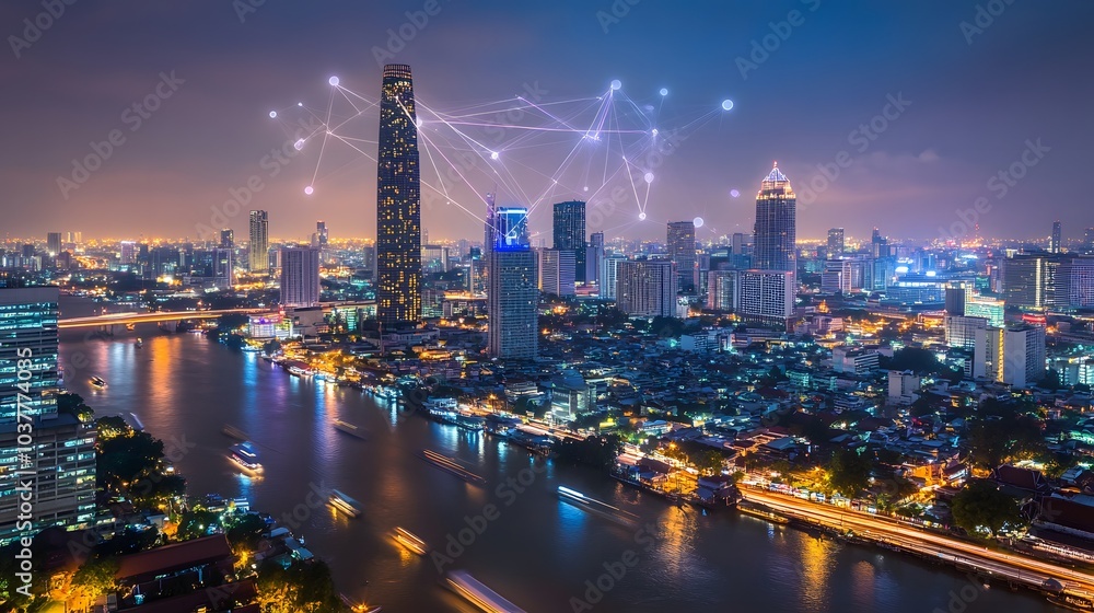 Fototapeta premium Wireless network and Connection technology concept with Abstract Bangkok city background in panorama view. 