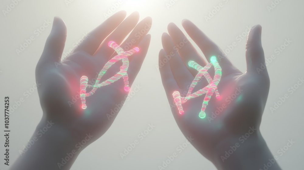 Obraz premium Illuminated hands holding glowing shapes, symbolizing creativity and innovation in a modern, abstract setting.