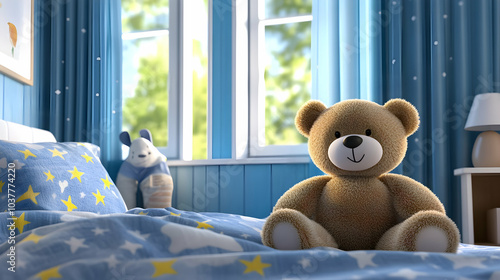 Cozy 3D Cartoon Teddy Bear Nestled in a Childa??s Bedroom with Starry Bedding and Calming Blue Walls, Creating a Nurturing Environment  -