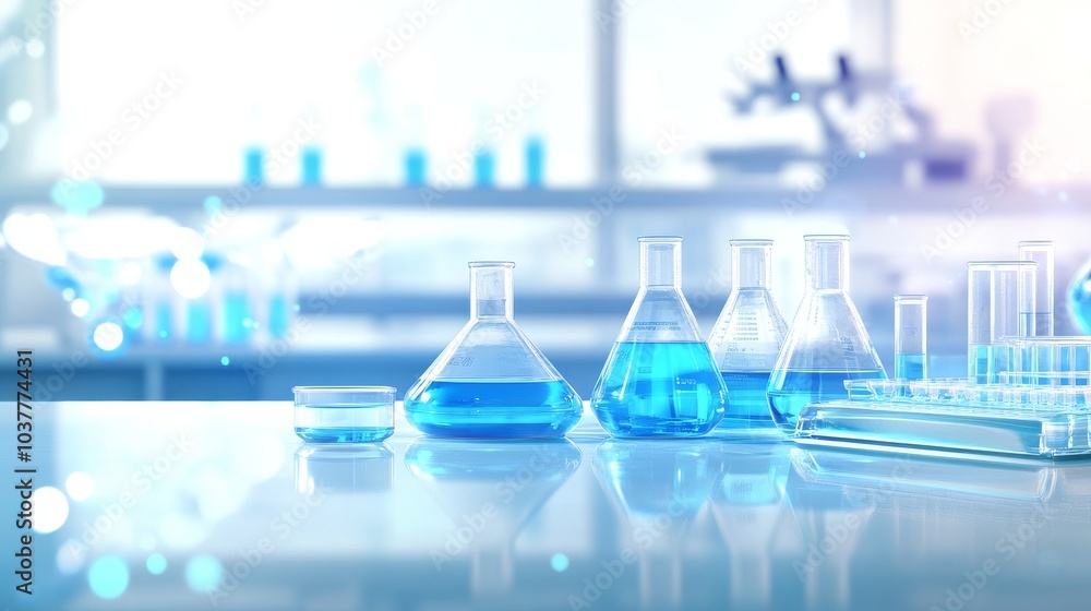 Modern laboratory scene with various glassware featuring vibrant blue liquids, ideal for science-related projects and research. Modern laboratory scene with various glassware featuring vibrant blue liquids, ideal for science-related projects and research.