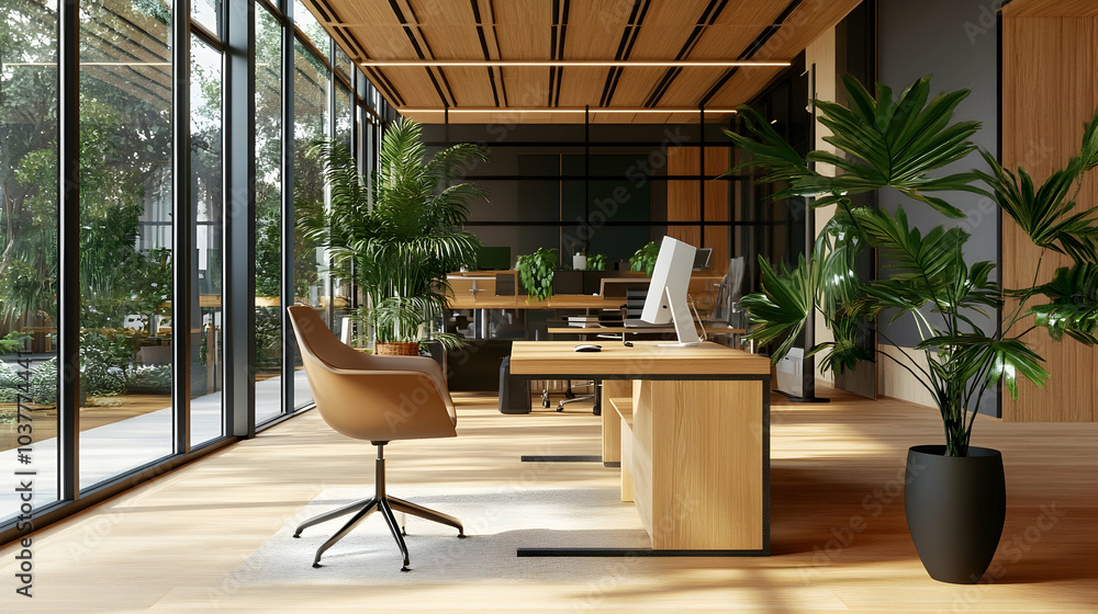 Fototapeta premium Elegant office space with a wooden table, greenery, and natural light, evoking warmth and productivity -