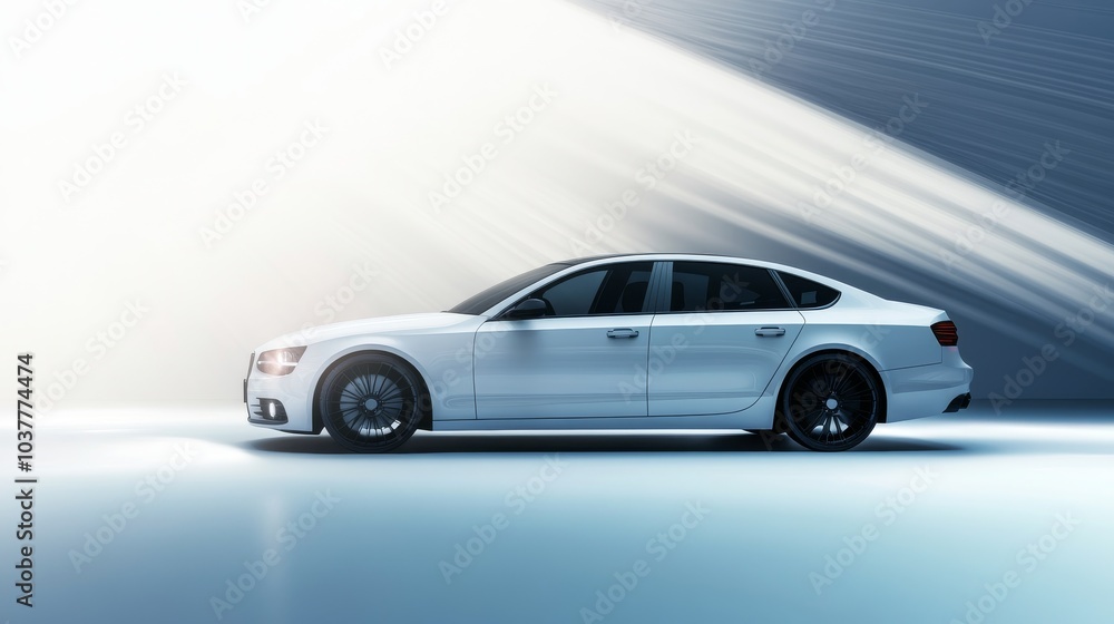 Modern white sedan parked under dramatic lighting, showcasing sleek design and luxury features in an artistic setting. Modern white sedan parked under dramatic lighting, showcasing sleek design and luxury features in an artistic setting.
