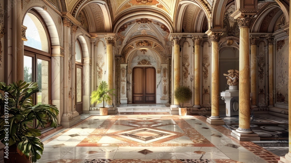 Obraz premium Elegant Hallway with Marble Pillars and Intricate Details