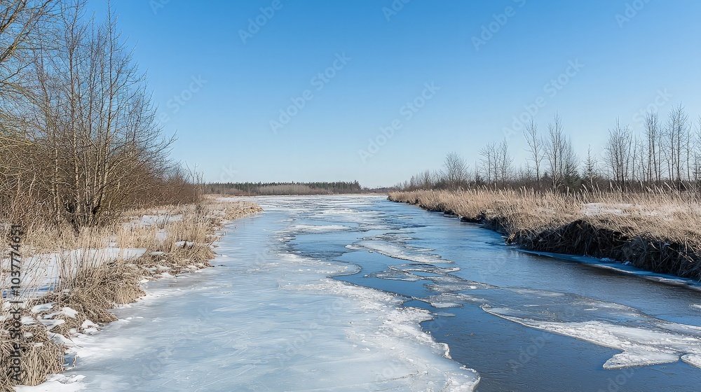 A frozen river winds through a barren landscape under a bright blue sky. A frozen river winds through a barren landscape under a bright blue sky.
