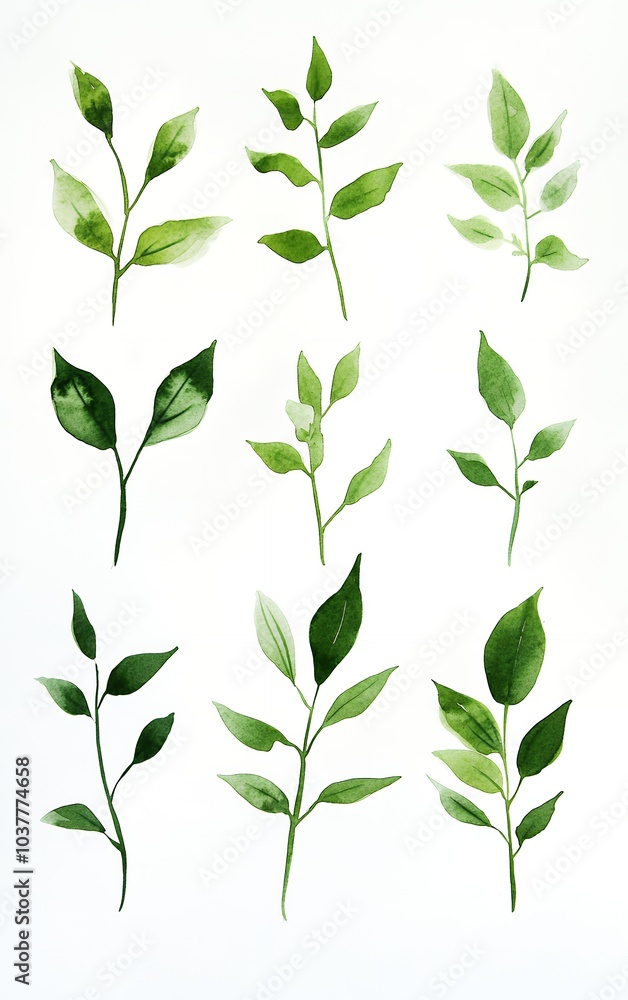 Watercolor painting of nine green leaves on a white background, featuring a variety of shapes and sizes. Watercolor painting of nine green leaves on a white background, featuring a variety of shapes and sizes.
