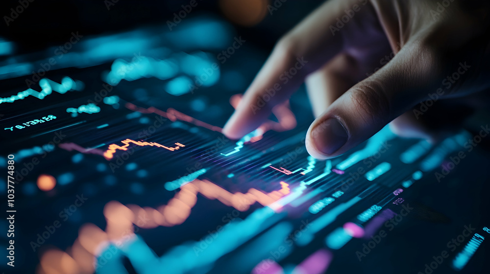 Hand Pointing to a Financial Chart on a Dark Background Indicating Data Analysis and Financial Assessment - Hand Pointing to a Financial Chart on a Dark Background Indicating Data Analysis and Financial Assessment -