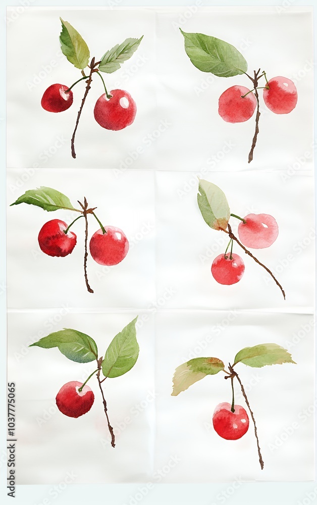 Watercolor painting of six red cherries on branches with green leaves on a white background. Watercolor painting of six red cherries on branches with green leaves on a white background.