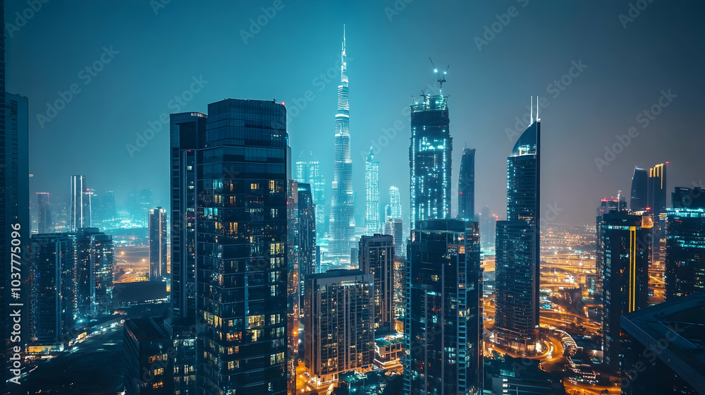 Obraz premium KAFD Buildings Shining During Blue Hour in a Futuristic Cityscape -