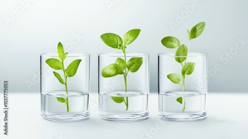 Wallpaper Mural Three glasses with fresh green plants growing in water, symbolizing growth, nature, and the importance of sustainability. Torontodigital.ca