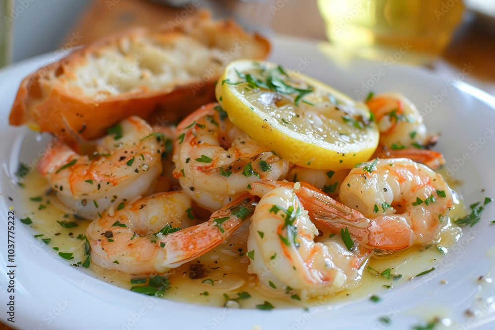 Delicious Grilled Shrimp with Lemon and Parsley on White Plate Delicious Grilled Shrimp with Lemon and Parsley on White Plate