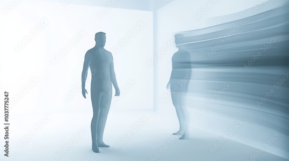 Obraz premium Two abstract human figures in a minimalist environment, representing concepts of identity and existence in a surreal setting.