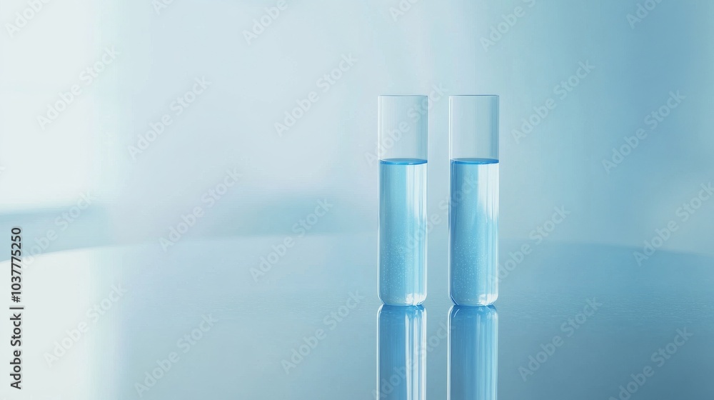 Two glass vials filled with clear liquid, reflecting softly on a smooth surface, evoking a sense of purity and tranquility. Two glass vials filled with clear liquid, reflecting softly on a smooth surface, evoking a sense of purity and tranquility.