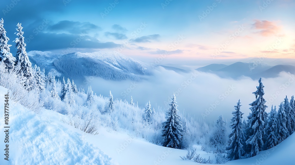 Obraz premium Snowy Mountain Landscape With Foggy Forest