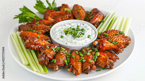 Spicy Buffalo Chicken Wings with Celery Sticks and Ranch Dressing