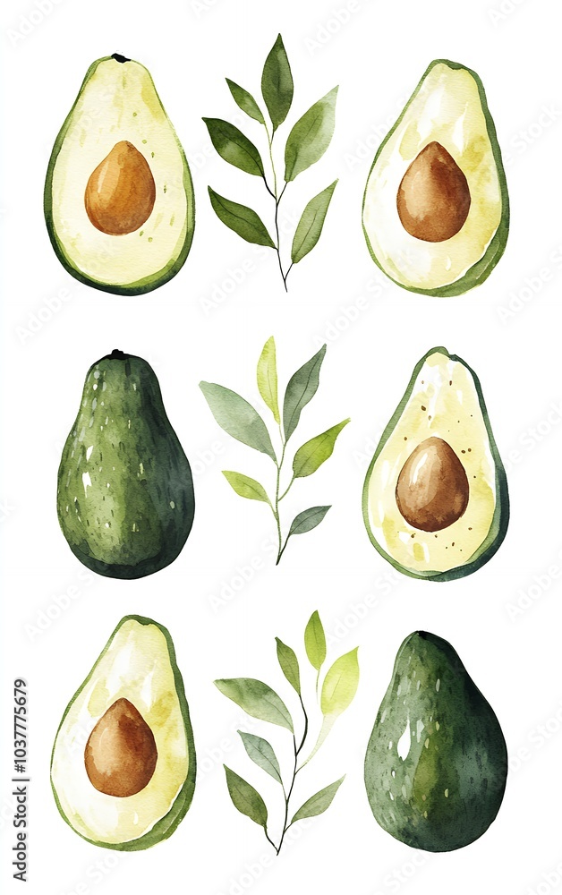 Watercolor illustration of avocados and leafy branches, perfect for healthy food designs. Watercolor illustration of avocados and leafy branches, perfect for healthy food designs.