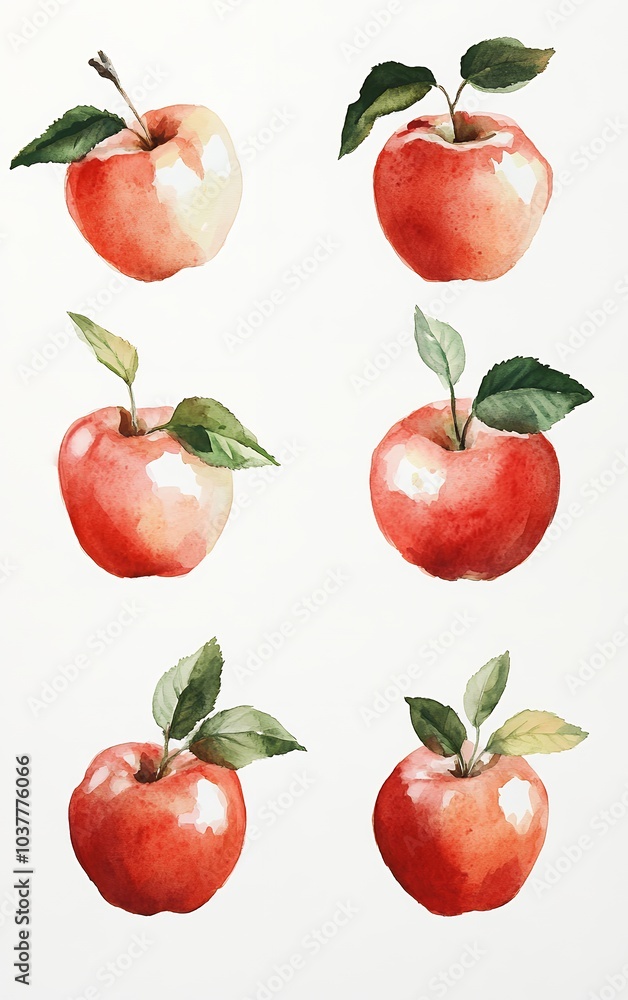 Six red apples with green leaves painted in watercolor on a white background. Six red apples with green leaves painted in watercolor on a white background.