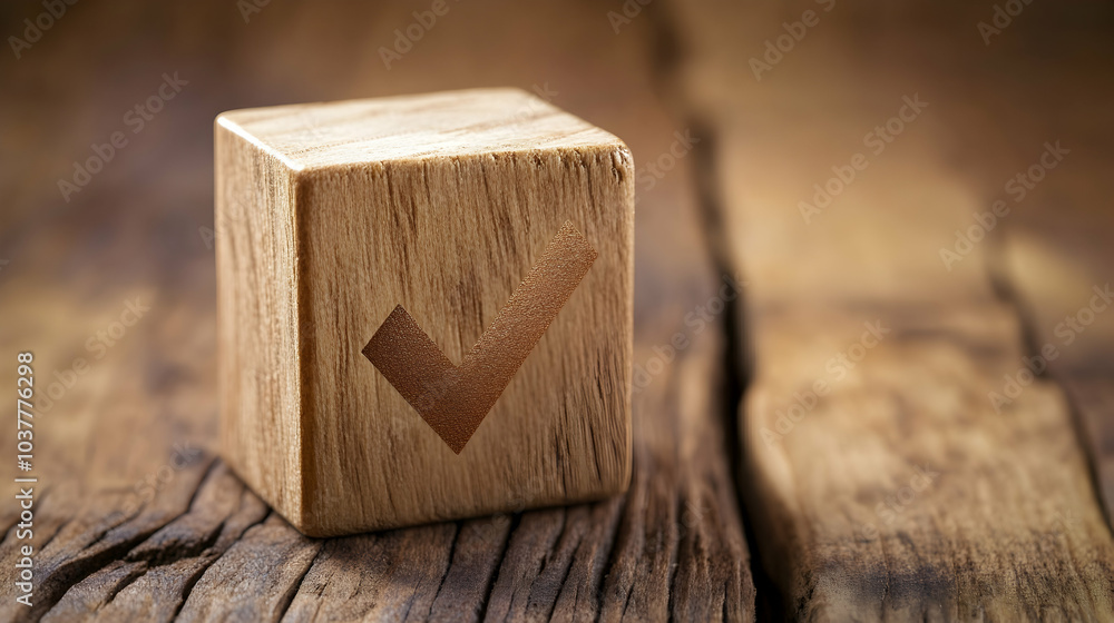 Wooden Block with a Check Mark Symbolizing Quality Assurance - Wooden Block with a Check Mark Symbolizing Quality Assurance -