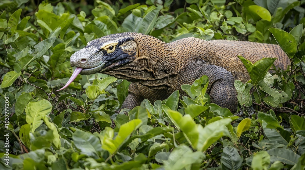 A Komodo dragon with its tongue out, hiding in the lush greenery of its natural habitat. A Komodo dragon with its tongue out, hiding in the lush greenery of its natural habitat.