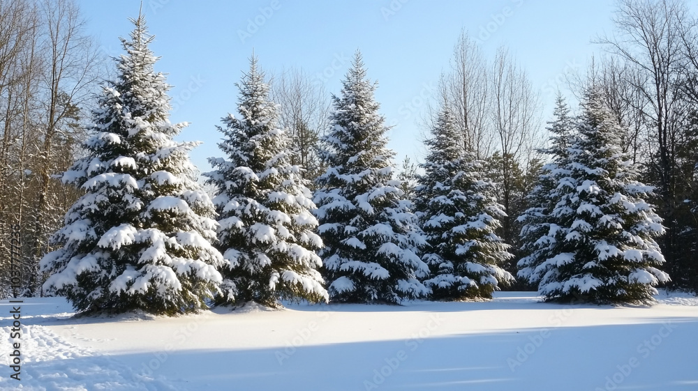 Snow-covered evergreen trees under the bright sky during Christmas season Snow-covered evergreen trees under the bright sky during Christmas season