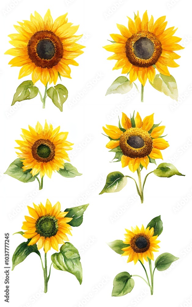 Watercolor painting of seven sunflowers with green leaves isolated on a white background. Watercolor painting of seven sunflowers with green leaves isolated on a white background.