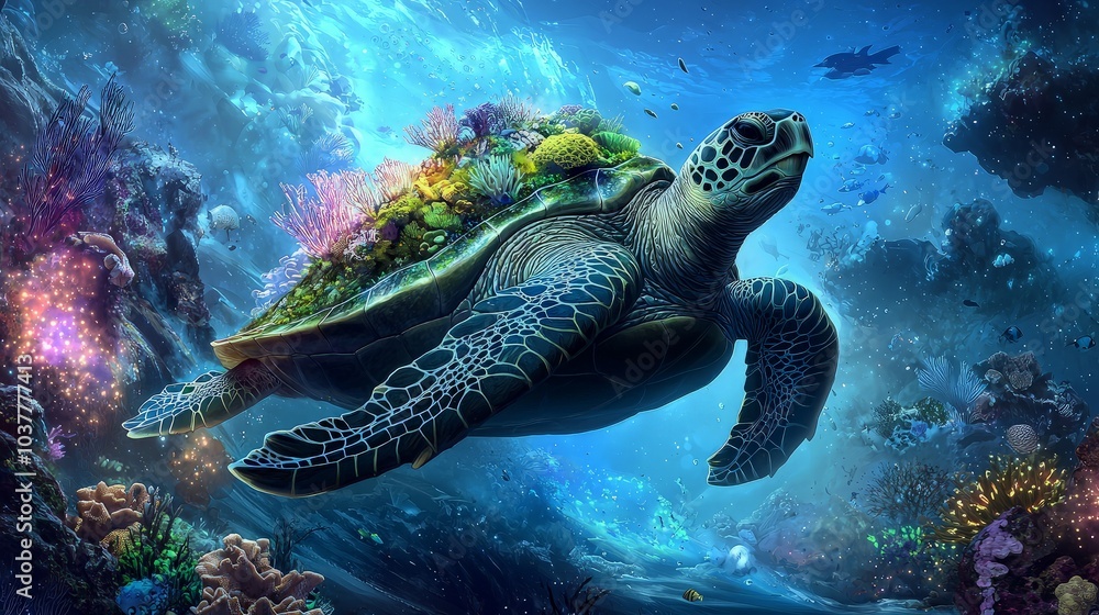 Fototapeta premium A large sea turtle swims through an underwater paradise, its shell covered in colorful coral and surrounded by other marine life.