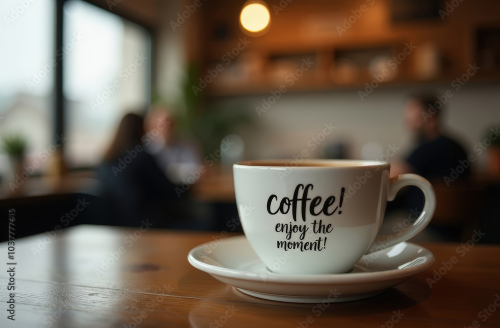 Coffee cup with inspirational message enjoy the moment, standing on wooden table in cozy cafe Coffee cup with inspirational message enjoy the moment, standing on wooden table in cozy cafe