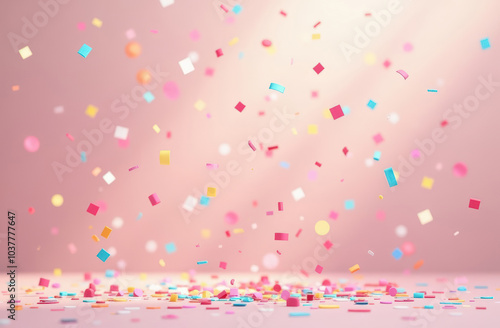 Multicolored confetti falling on soft pastel pink background