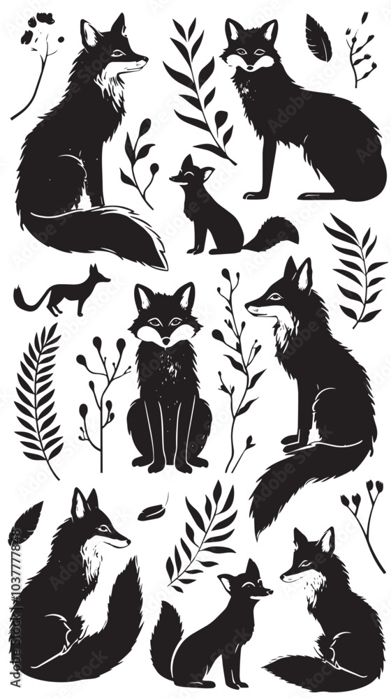 Fototapeta premium A collection of fox vector silhouettes , black silhouettes isolated on white background