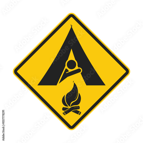 Isolated yellow safety sign outdoor camping, camp tent with campfire