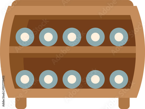 This vector illustration depicts a classic wine rack made of wood, perfect for showcasing a collection of wine bottles