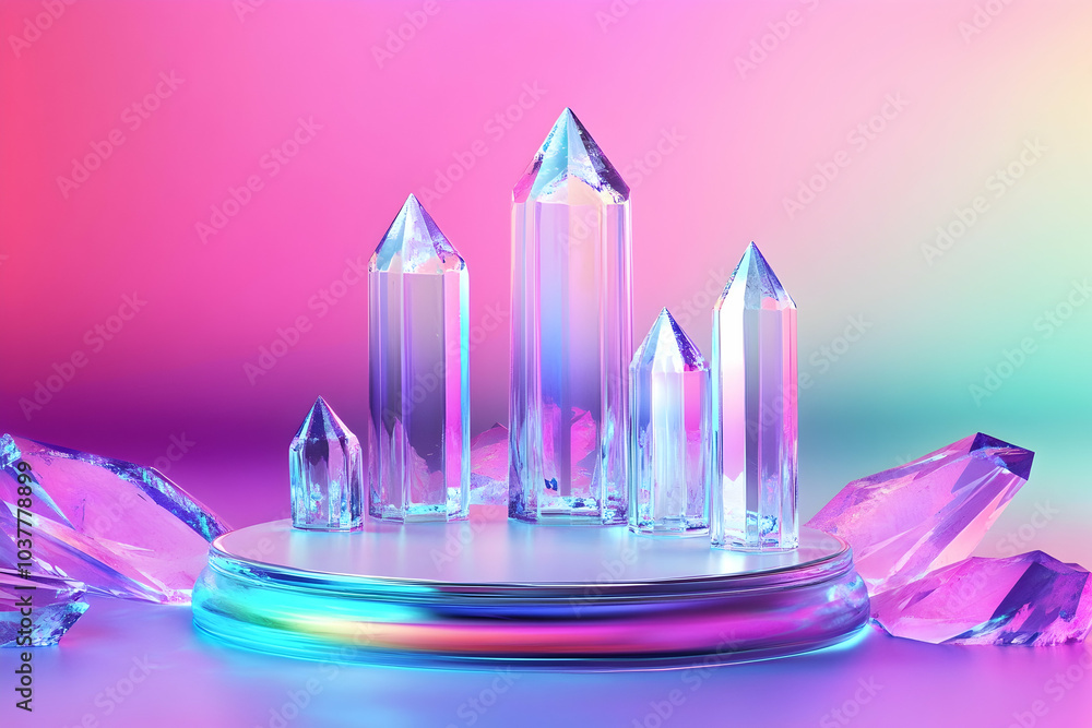 3d cartoon illustration of crystal podiums for presentations, featuring vibrant holographic textures 3d cartoon illustration of crystal podiums for presentations, featuring vibrant holographic textures