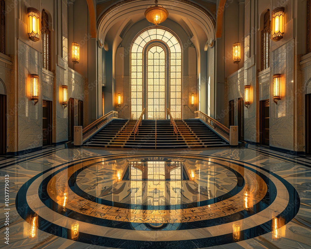 Obraz premium Grand Staircase with Stained Glass Window and Circular Floor Pattern