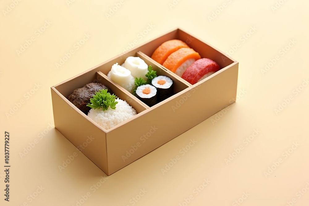 Delicious Bento Box with Neat Compartments of Sushi Rolls and Fresh Veggies Delicious Bento Box with Neat Compartments of Sushi Rolls and Fresh Veggies