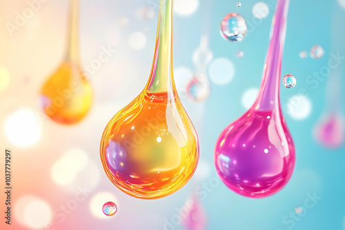 3d cartoon illustration of colorful liquid drops with molecular structures, highlighting cosmetic ingredients and beauty benefits   