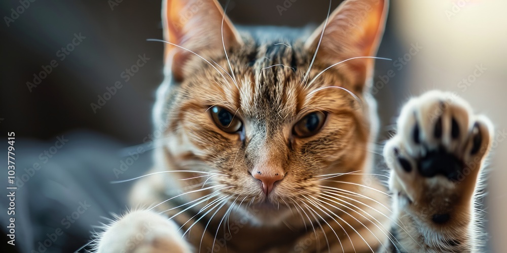 Close-Up Portrait of a Tabby Cat with Paw Raised Close-Up Portrait of a Tabby Cat with Paw Raised
