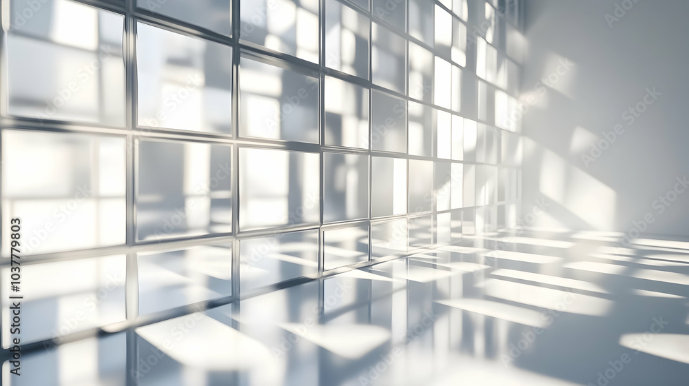 Abstract 3D background with geometric square shapes casting shadows in a white room, featuring polished metallic panels and blurred reflections. Abstract 3D background with geometric square shapes casting shadows in a white room, featuring polished metallic panels and blurred reflections.