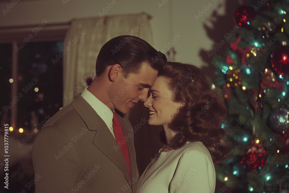 クリスマスパーティーでキスをするロマンチックなカップルとクリスマスツリー クリスマスパーティーでキスをするロマンチックなカップルとクリスマスツリー