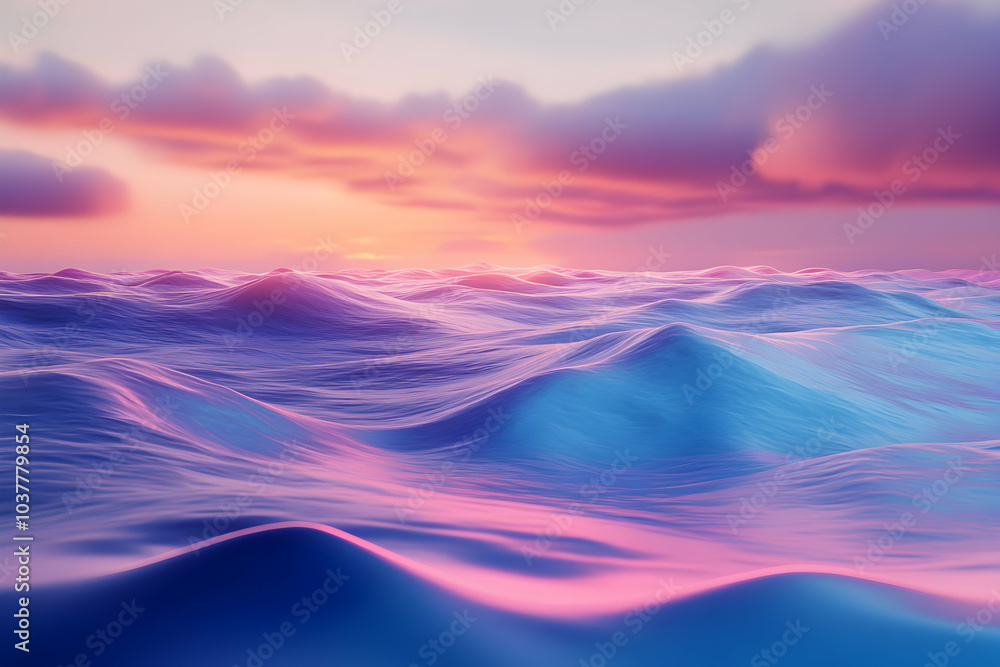 Abstract 3D cartoon illustration of a calm seascape with vibrant glow and minimalistic features Abstract 3D cartoon illustration of a calm seascape with vibrant glow and minimalistic features