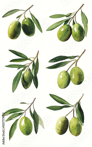 Wallpaper Mural Watercolor painting of green olives on branches with leaves. Torontodigital.ca