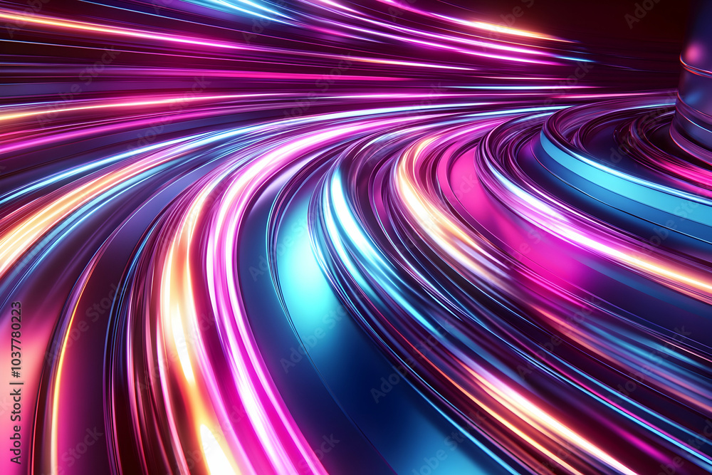 Abstract 3D cartoon illustration of an endless loop with bright neon lines cascading down metallic surfaces Abstract 3D cartoon illustration of an endless loop with bright neon lines cascading down metallic surfaces