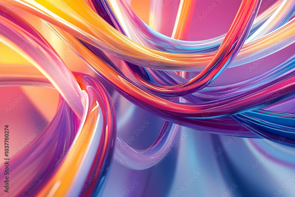 Abstract 3D cartoon illustration of an endless loop with bright neon lines cascading down metallic surfaces Abstract 3D cartoon illustration of an endless loop with bright neon lines cascading down metallic surfaces