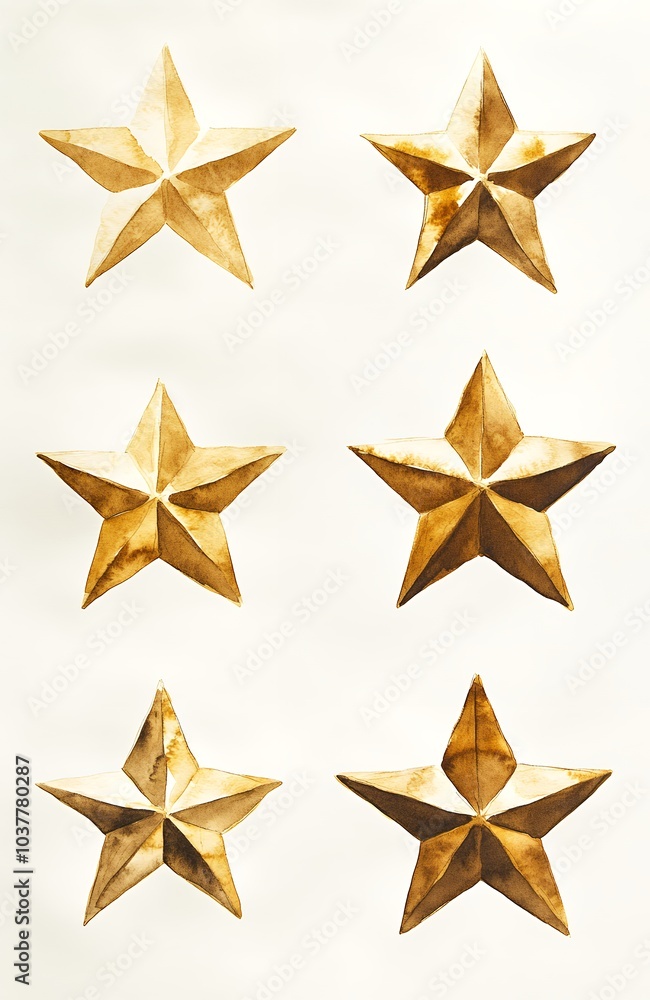 Six gold stars on a white background, perfect for a festive backdrop. Six gold stars on a white background, perfect for a festive backdrop.