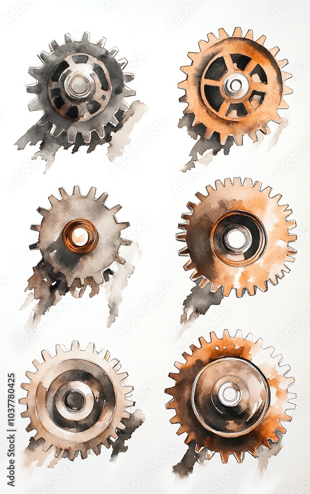Six watercolor gears in different shades of brown and grey against a white background. Six watercolor gears in different shades of brown and grey against a white background.